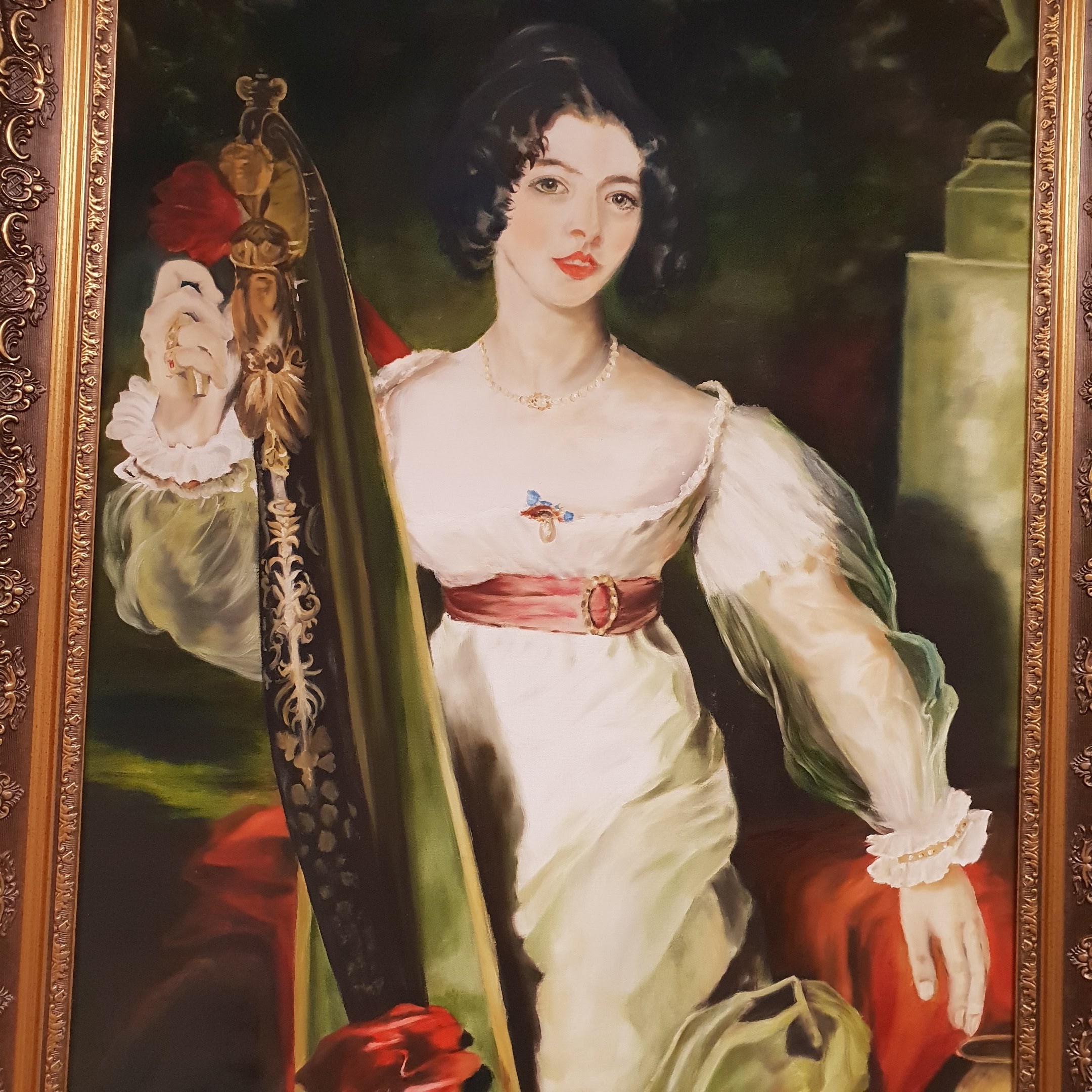 Sheet Music Framed oil painting of a lady in a white Regency gown standing beside a harp